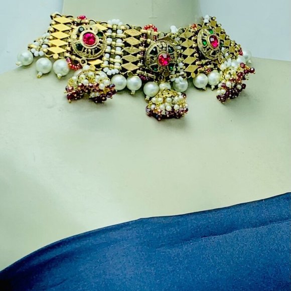 Golden Tone Metal Choker Necklace, Statement Collar Choker With Multicolor Beads - Picture 3 of 11